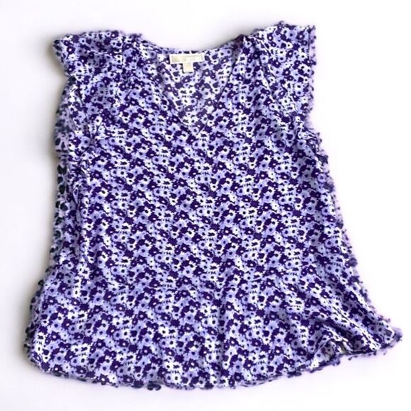 MICHAEL KORS BLOUSE TOP PURPLE FLORAL LIGHTWEIGHT SMALL RUFFLE SLEEVES - Picture 5 of 5